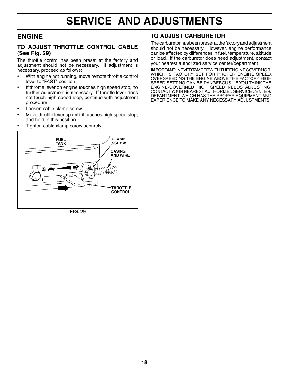 Service and adjustments, Engine | Poulan HDR500L User Manual | Page 18 / 28
