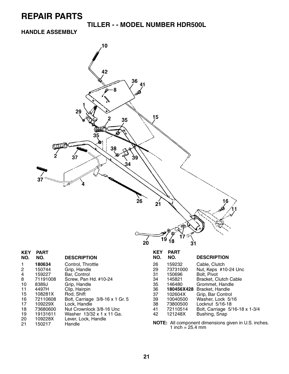 Repair parts, Tiller - - model number hdr500l | Poulan HDR500L User Manual | Page 21 / 28