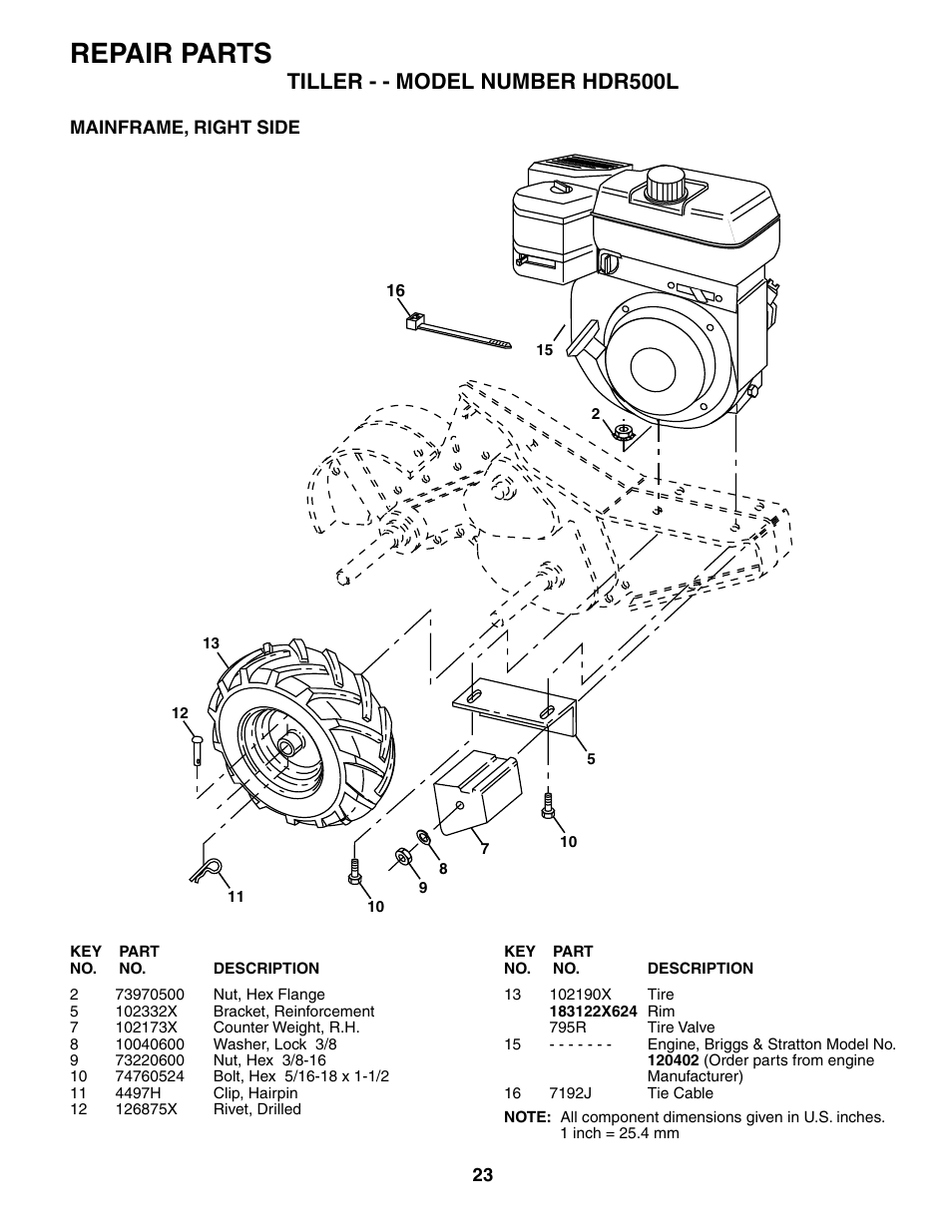 Repair parts, Tiller - - model number hdr500l | Poulan HDR500L User Manual | Page 23 / 28