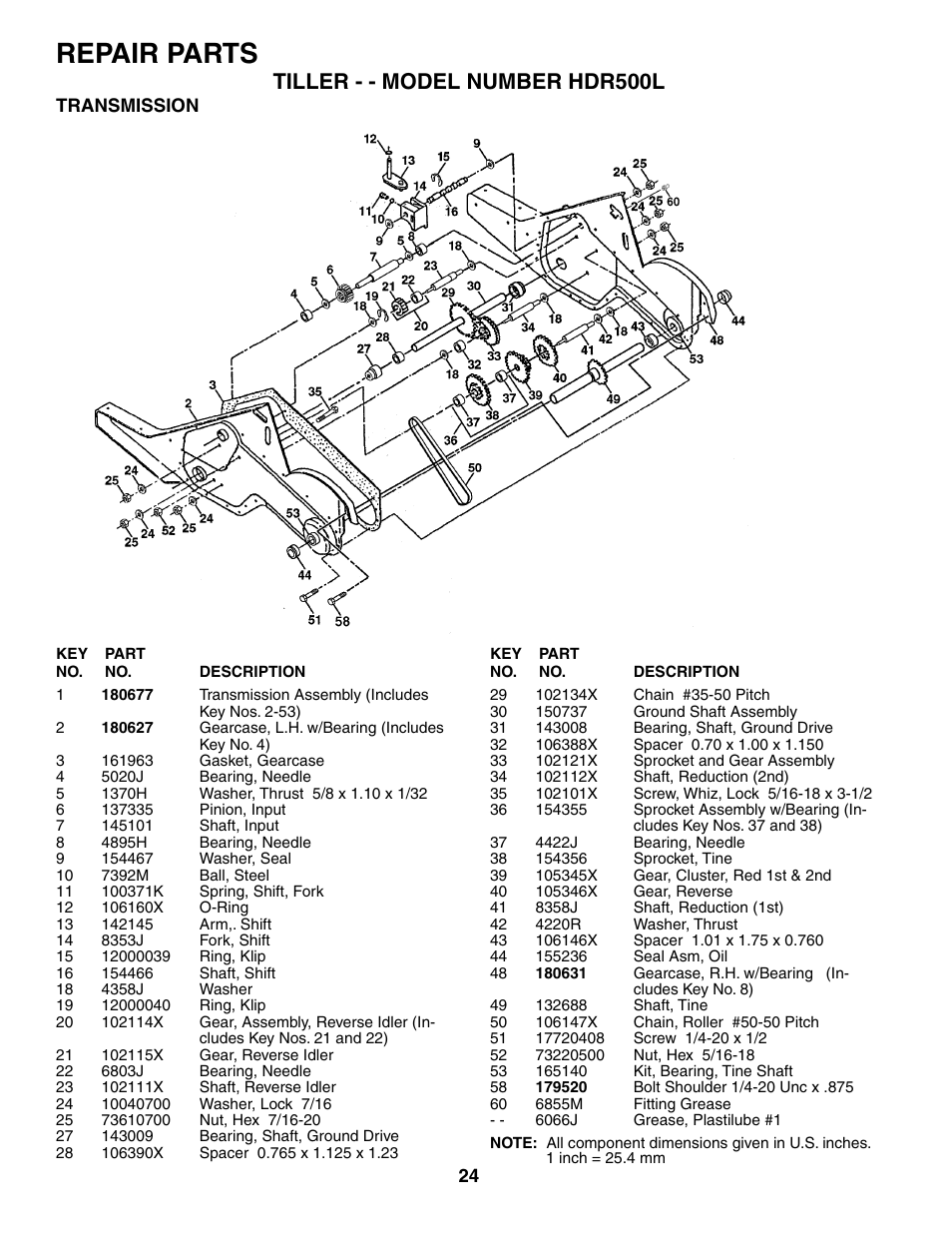 Repair parts, Tiller - - model number hdr500l | Poulan HDR500L User Manual | Page 24 / 28