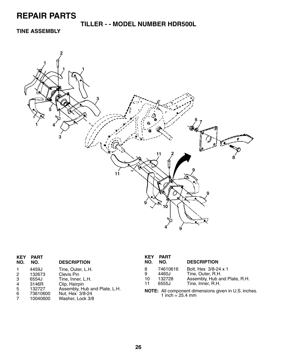 Repair parts, Tiller - - model number hdr500l | Poulan HDR500L User Manual | Page 26 / 28