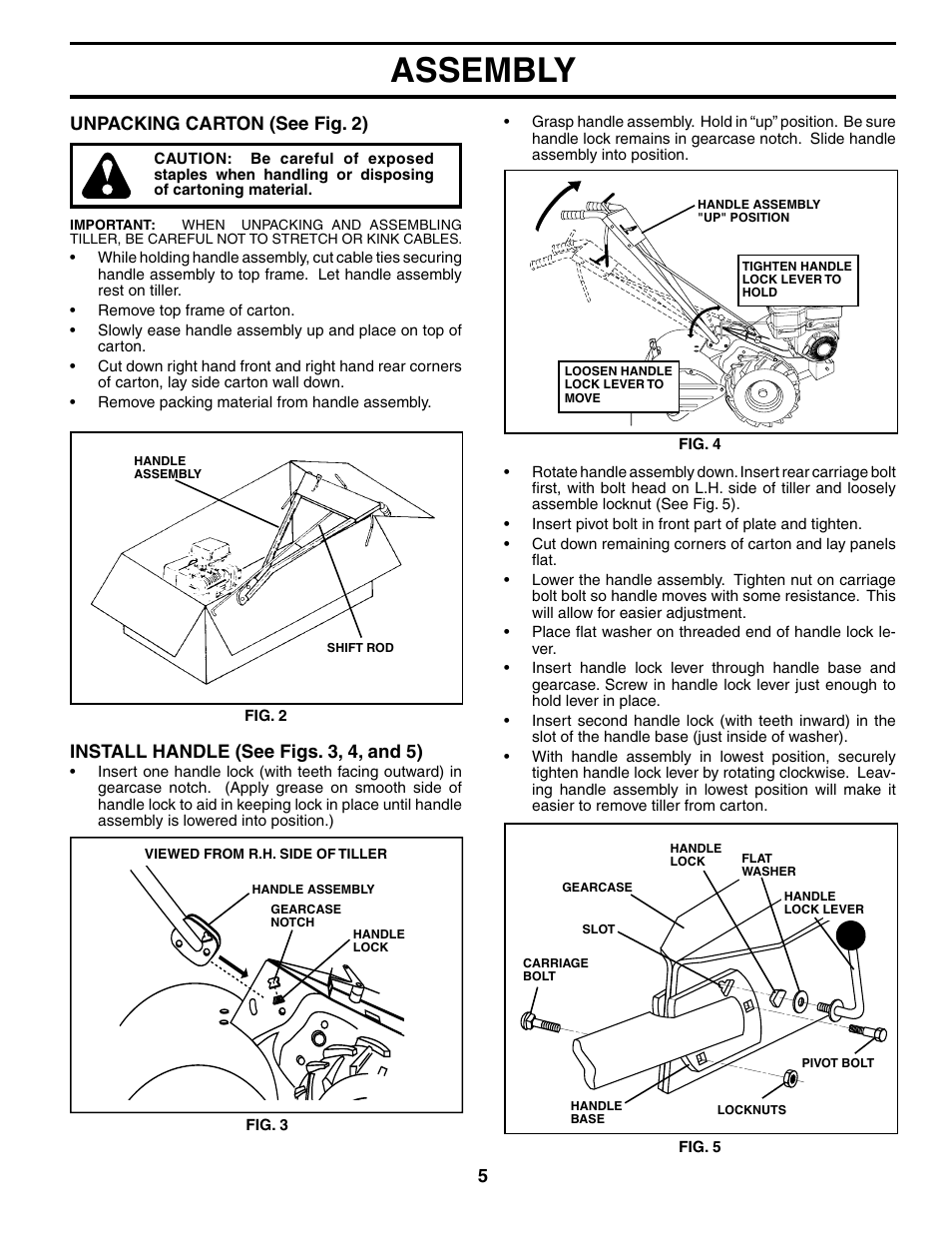 Assembly, Unpacking carton (see fig. 2), Install handle (see figs. 3, 4, and 5) | Poulan HDR500L User Manual | Page 5 / 28