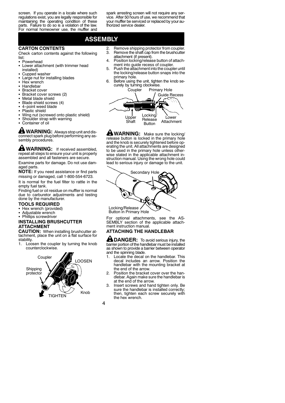 Assembly, Warning, Danger | Poulan PPB300E User Manual | Page 4 / 19