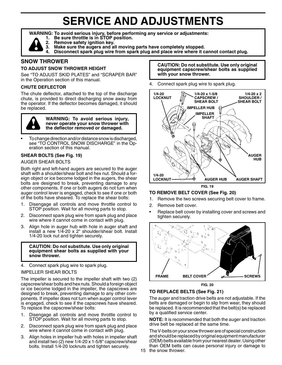 Service and adjustments, Snow thrower | Poulan 199350 User Manual | Page 15 / 20