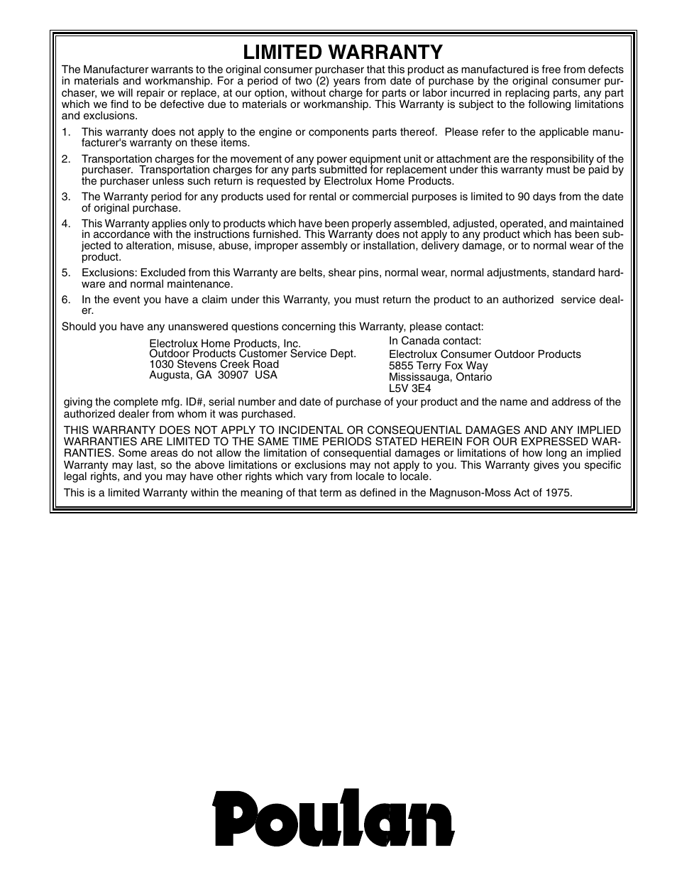 Limited warranty | Poulan 199350 User Manual | Page 20 / 20
