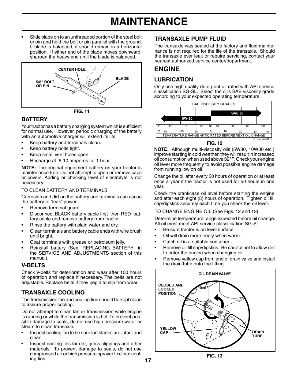 Maintenance, Engine, V-belts | Transaxle cooling, Battery, Transaxle pump fluid, Lubrication | Poulan 196085 User Manual | Page 17 / 30