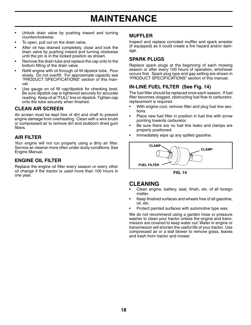 Maintenance, Cleaning | Poulan 196085 User Manual | Page 18 / 30