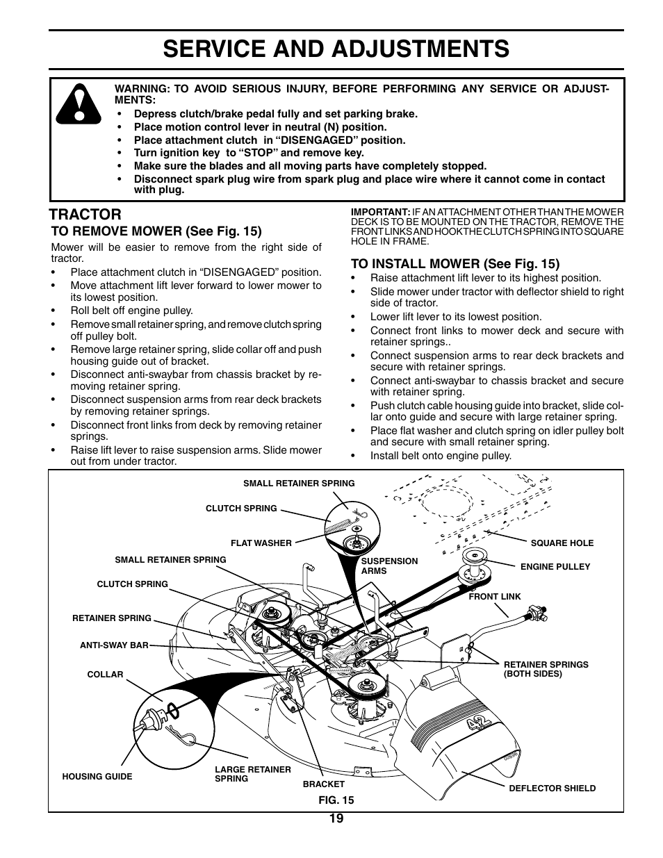 Service and adjustments, Tractor | Poulan 196085 User Manual | Page 19 / 30
