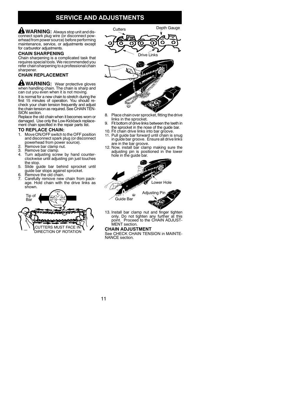 Service and adjustments, Warning | Poulan Pro PP5000P User Manual | Page 11 / 12