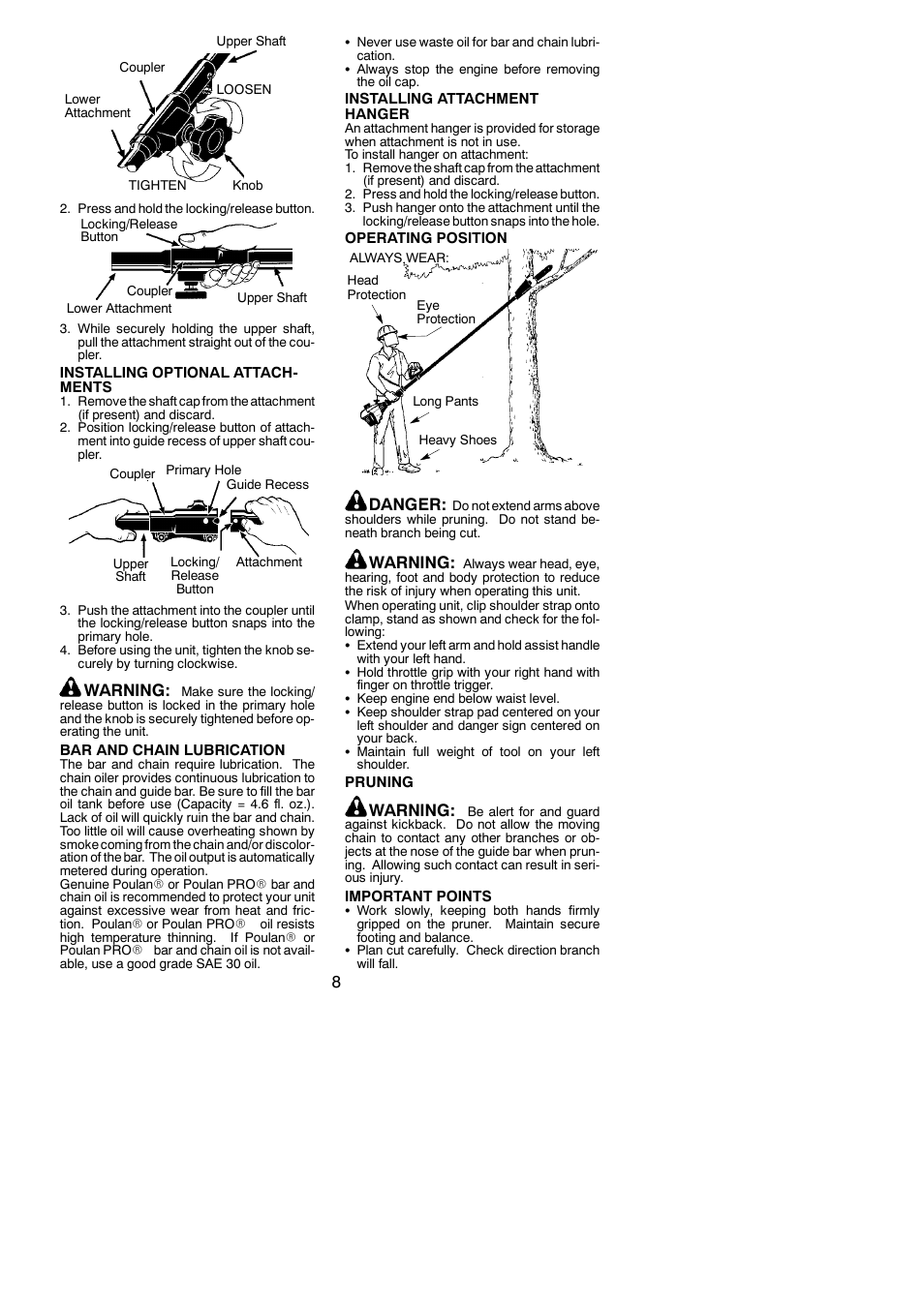 Warning, Danger | Poulan Pro PP5000P User Manual | Page 8 / 12