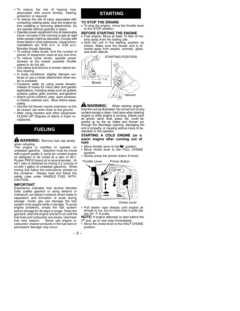 Fueling, Starting | Poulan BVM200 User Manual | Page 5 / 9