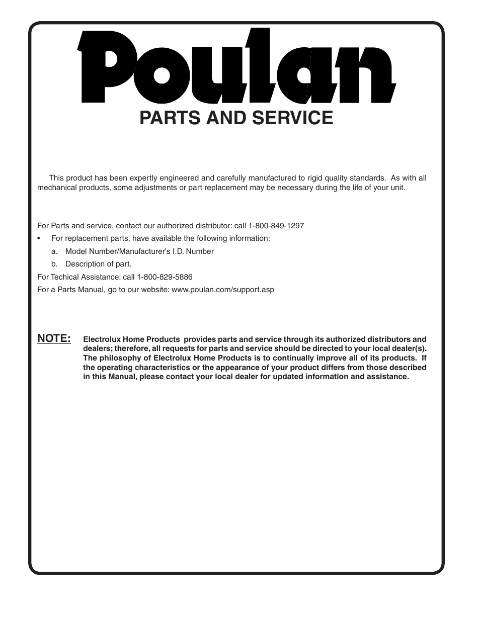 Parts and service | Poulan 404040 User Manual | Page 30 / 30