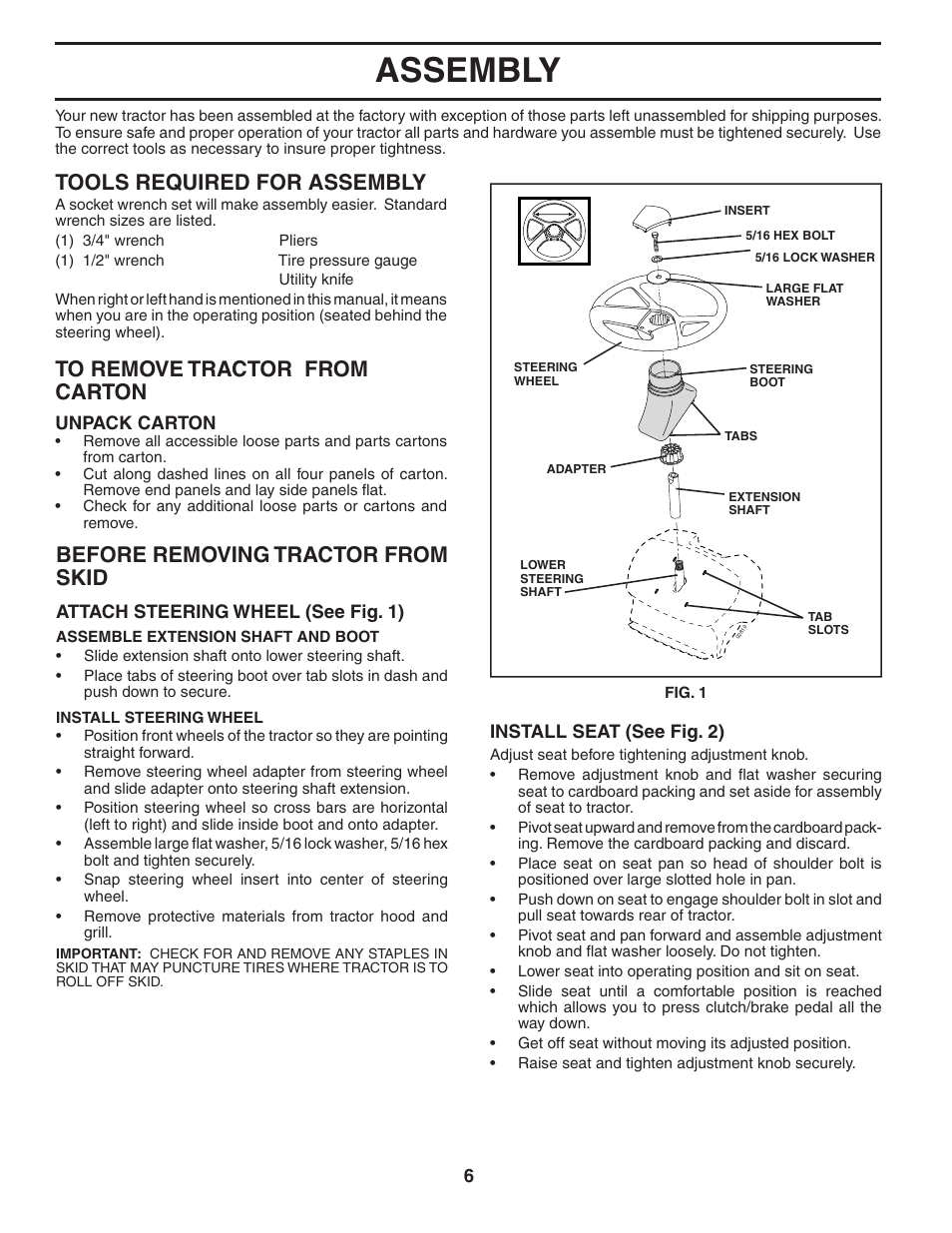 Assembly, Tools required for assembly, Before removing tractor from skid | Poulan 404040 User Manual | Page 6 / 30