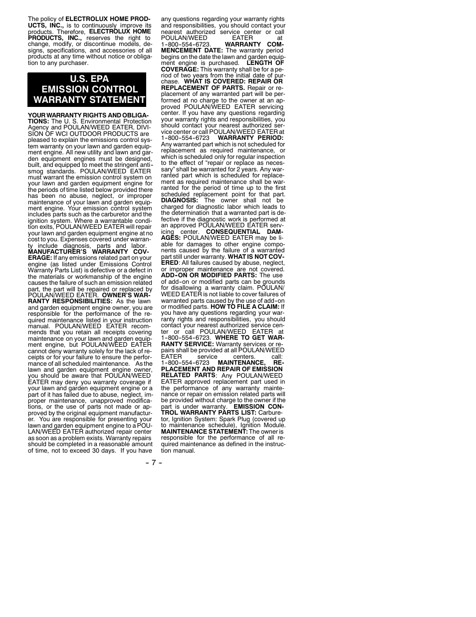 U.s. epa emission control warranty statement | Poulan 530088812 User Manual | Page 7 / 7