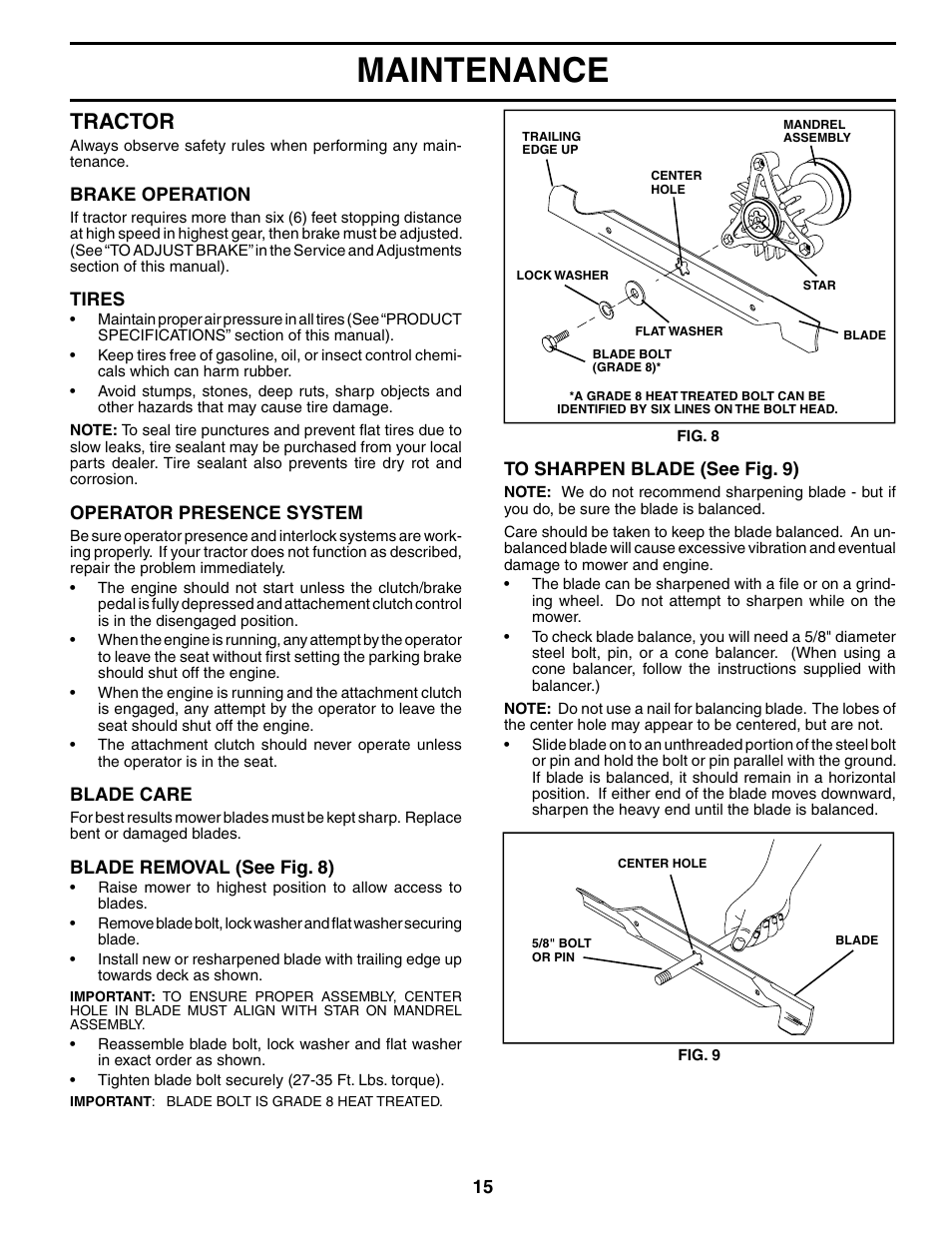 Maintenance, Tractor | Poulan 187007 User Manual | Page 15 / 48