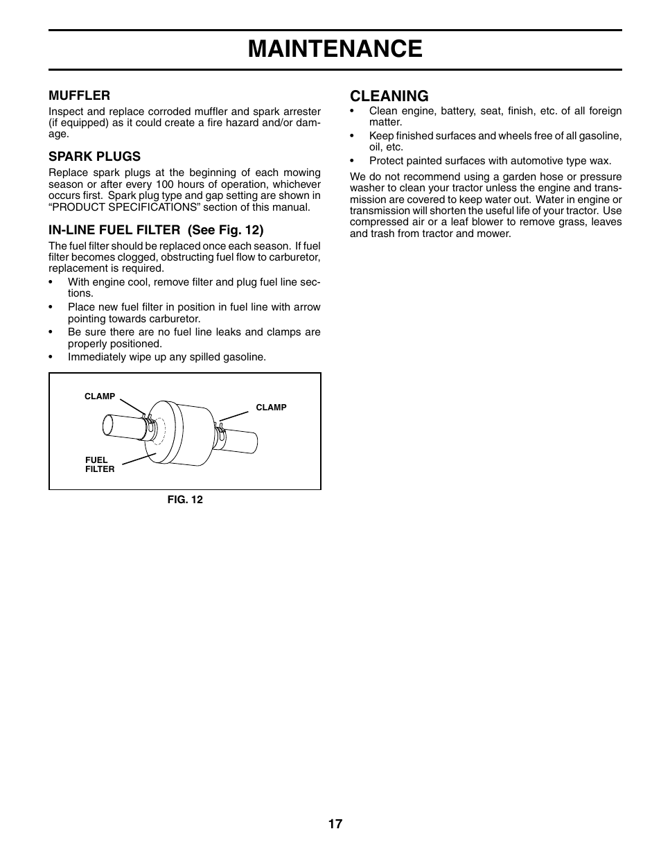 Maintenance, Cleaning | Poulan 187007 User Manual | Page 17 / 48