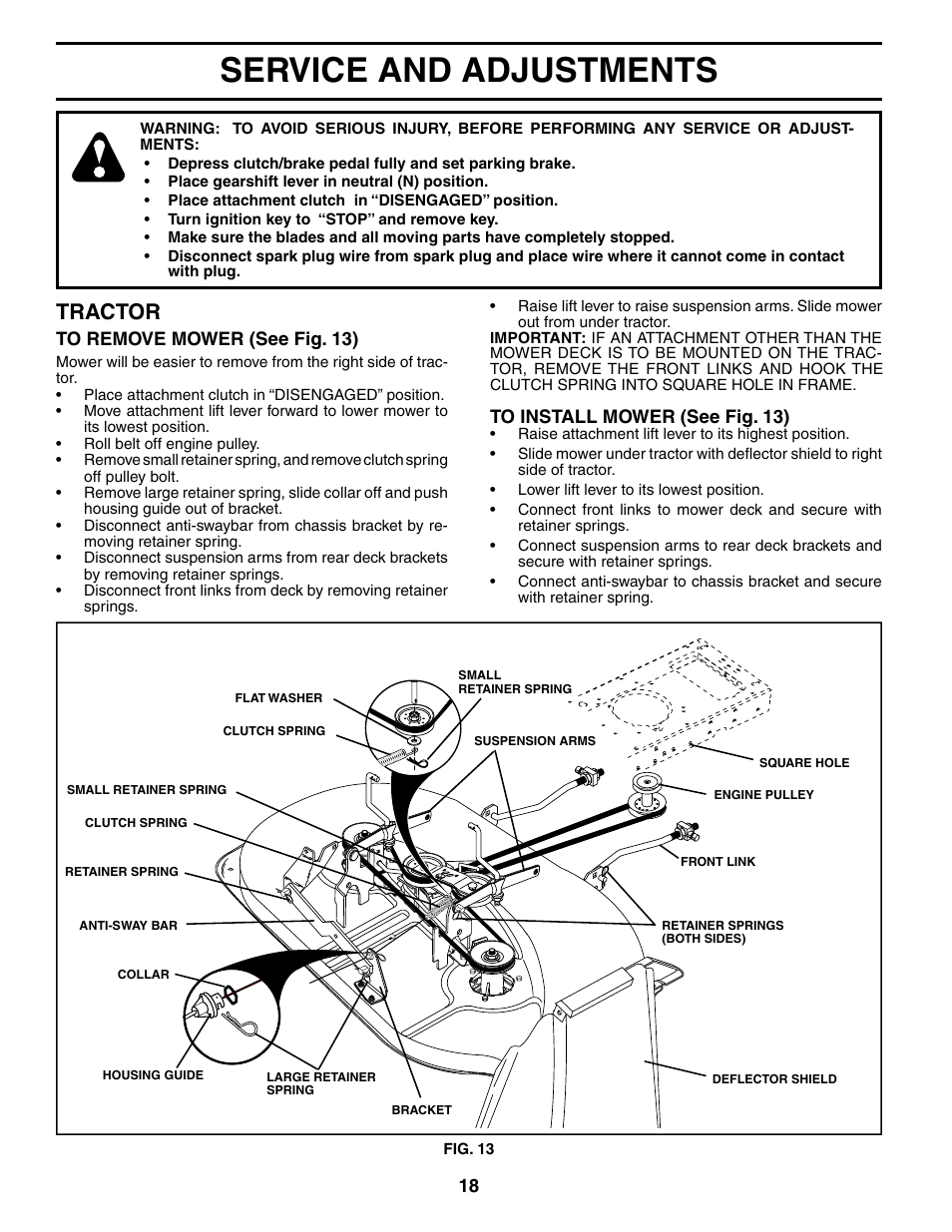 Service and adjustments, Tractor | Poulan 187007 User Manual | Page 18 / 48