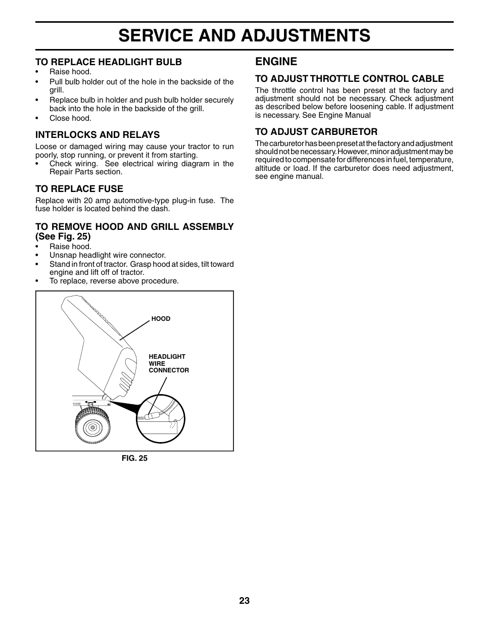 Service and adjustments, Engine | Poulan 187007 User Manual | Page 23 / 48