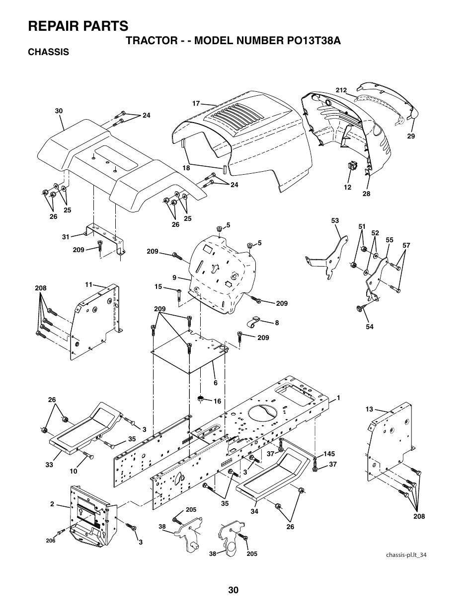 Repair parts, Tractor - - model number po13t38a, Chassis | Poulan 187007 User Manual | Page 30 / 48
