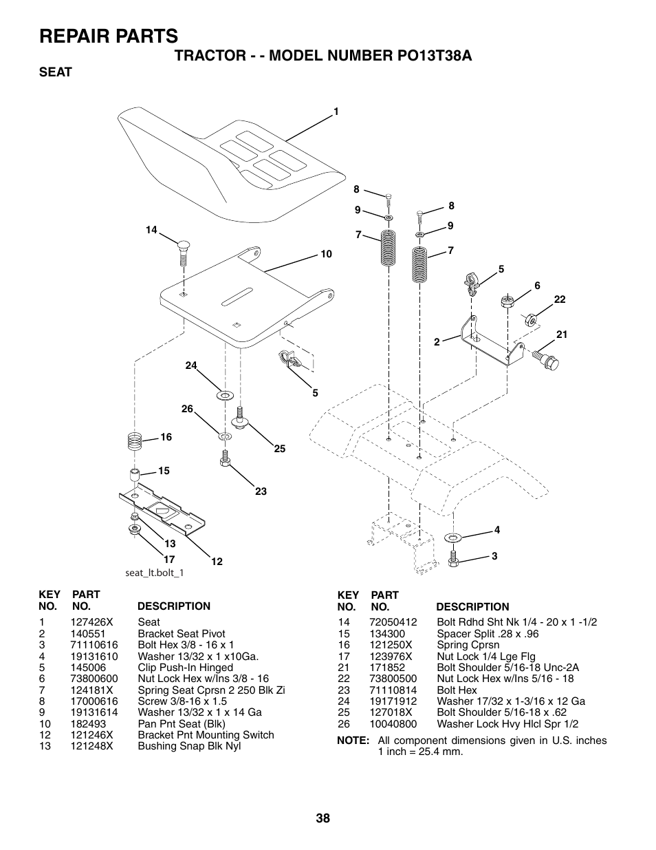 Repair parts, Tractor - - model number po13t38a | Poulan 187007 User Manual | Page 38 / 48