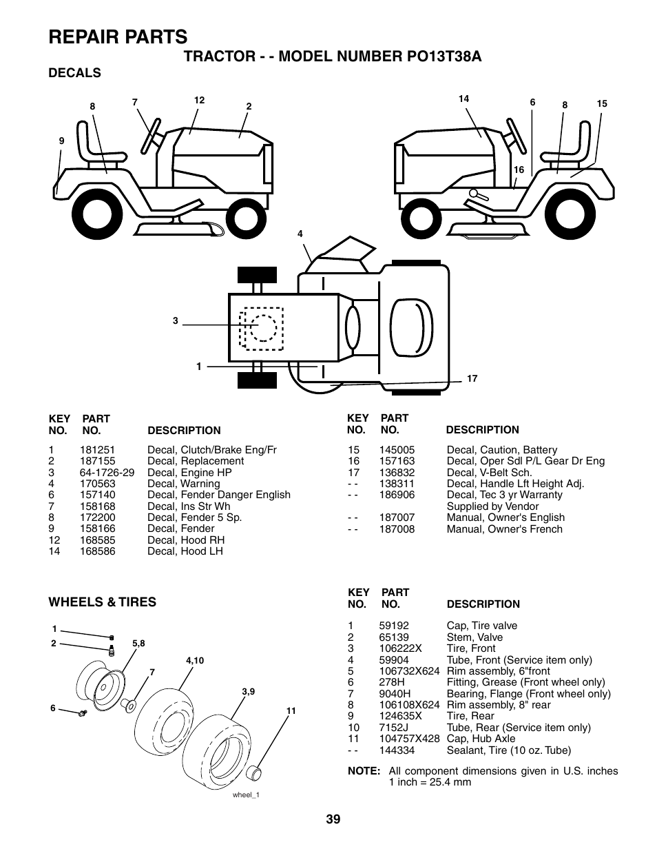 Repair parts, Tractor - - model number po13t38a | Poulan 187007 User Manual | Page 39 / 48