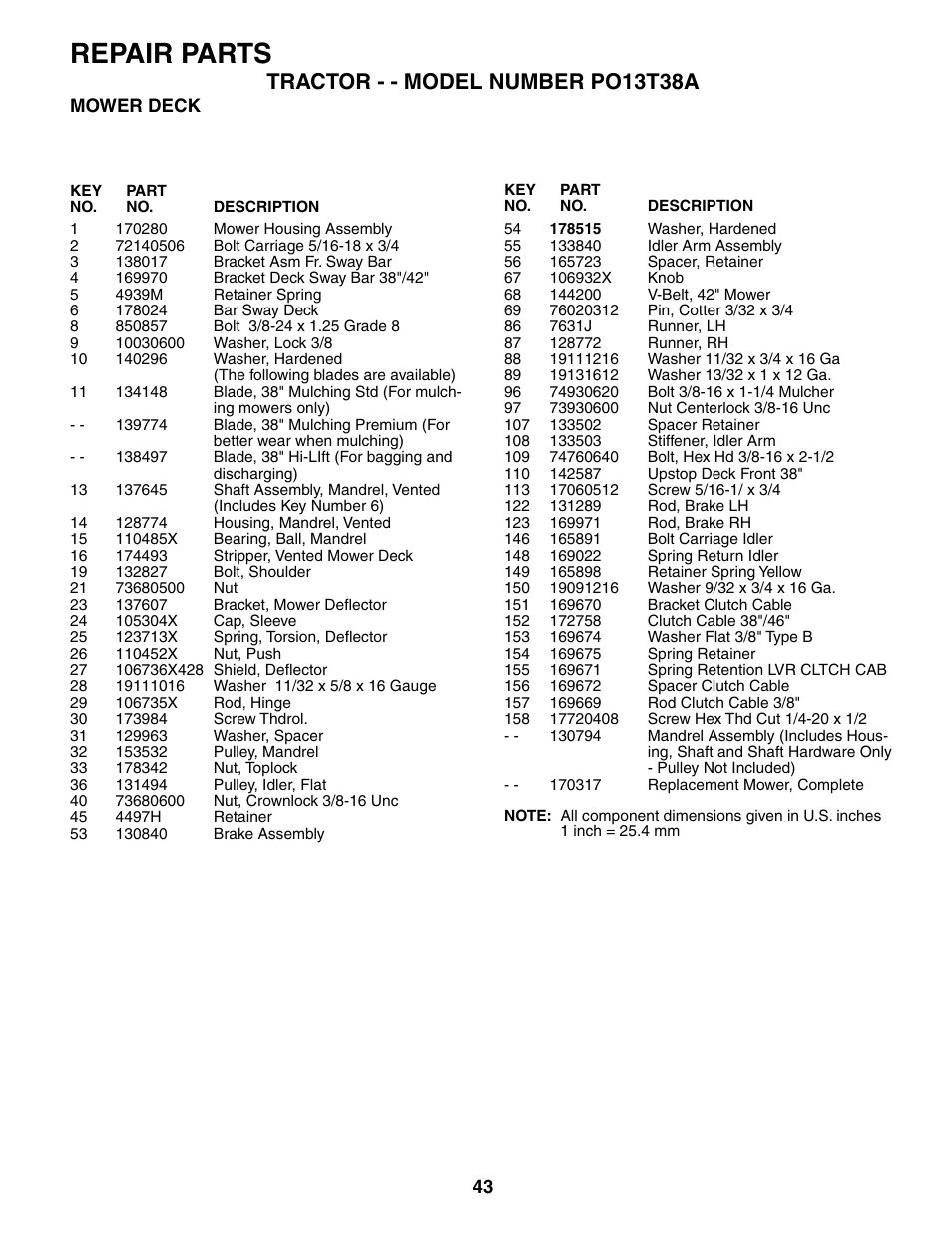 Repair parts, Tractor - - model number po13t38a | Poulan 187007 User Manual | Page 43 / 48