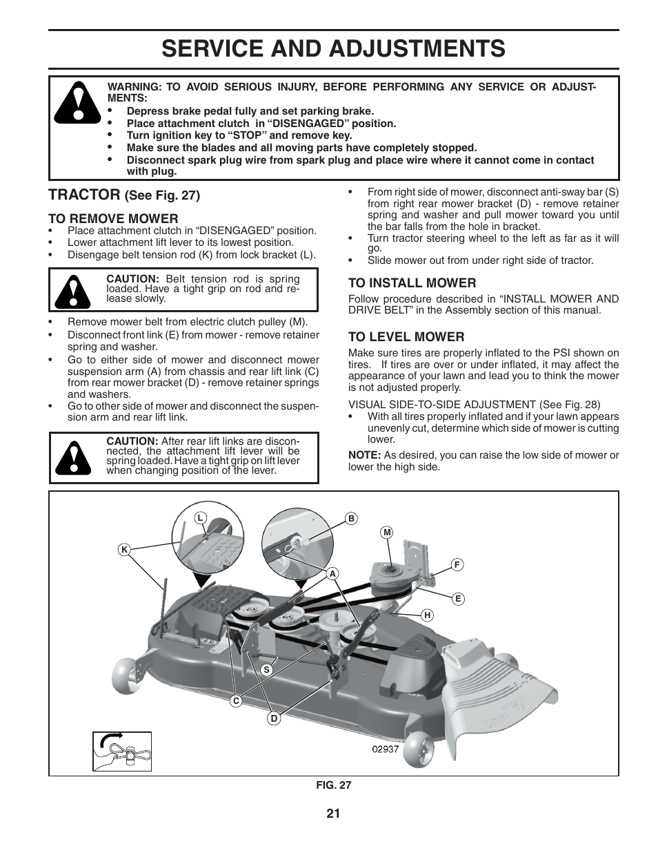 Service and adjustments, Tractor | Poulan 402495 User Manual | Page 21 / 32