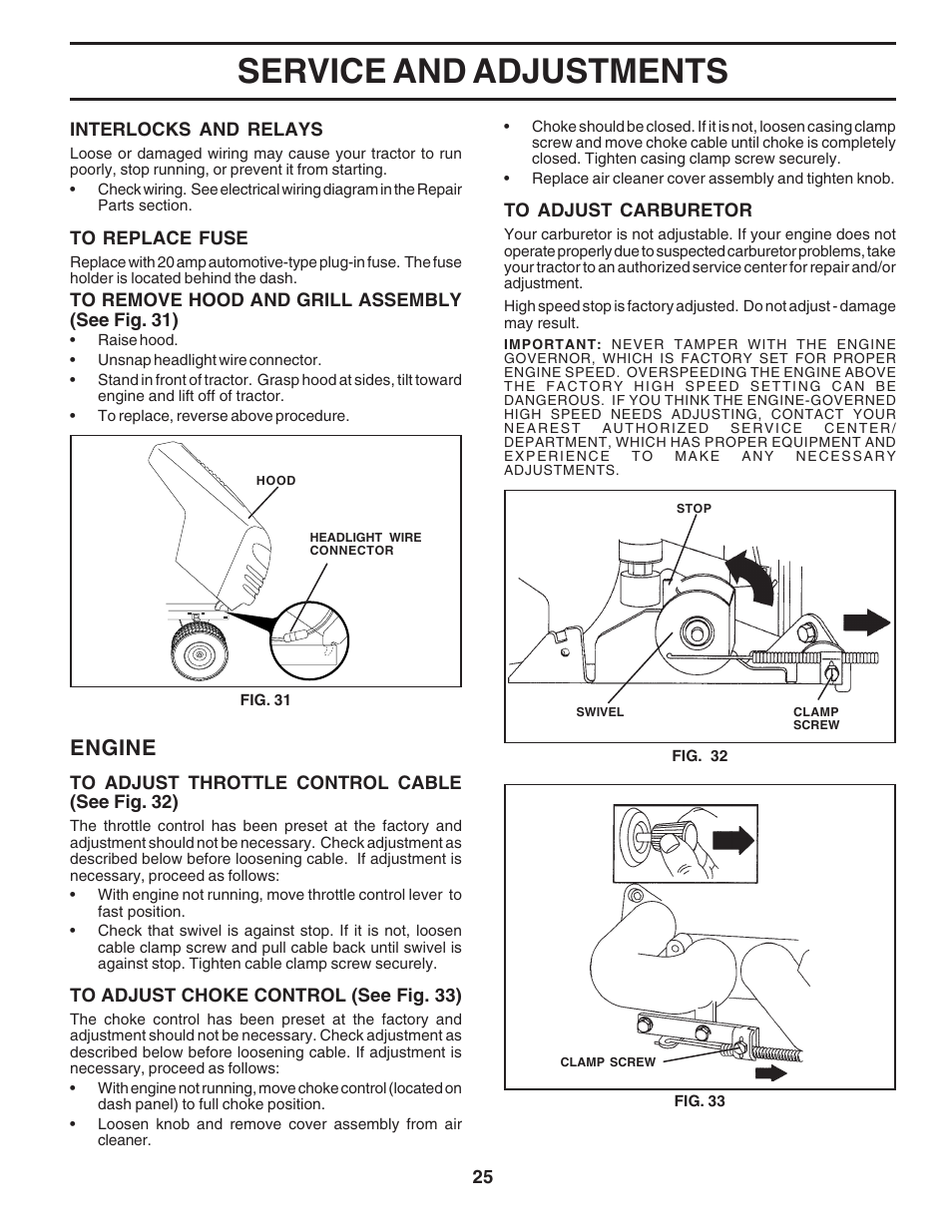 Service and adjustments, Engine | Poulan 183111 User Manual | Page 25 / 48
