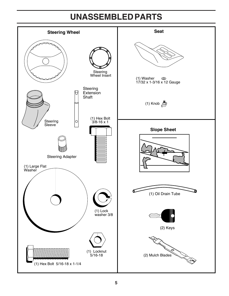 Unassembled parts | Poulan 183111 User Manual | Page 5 / 48