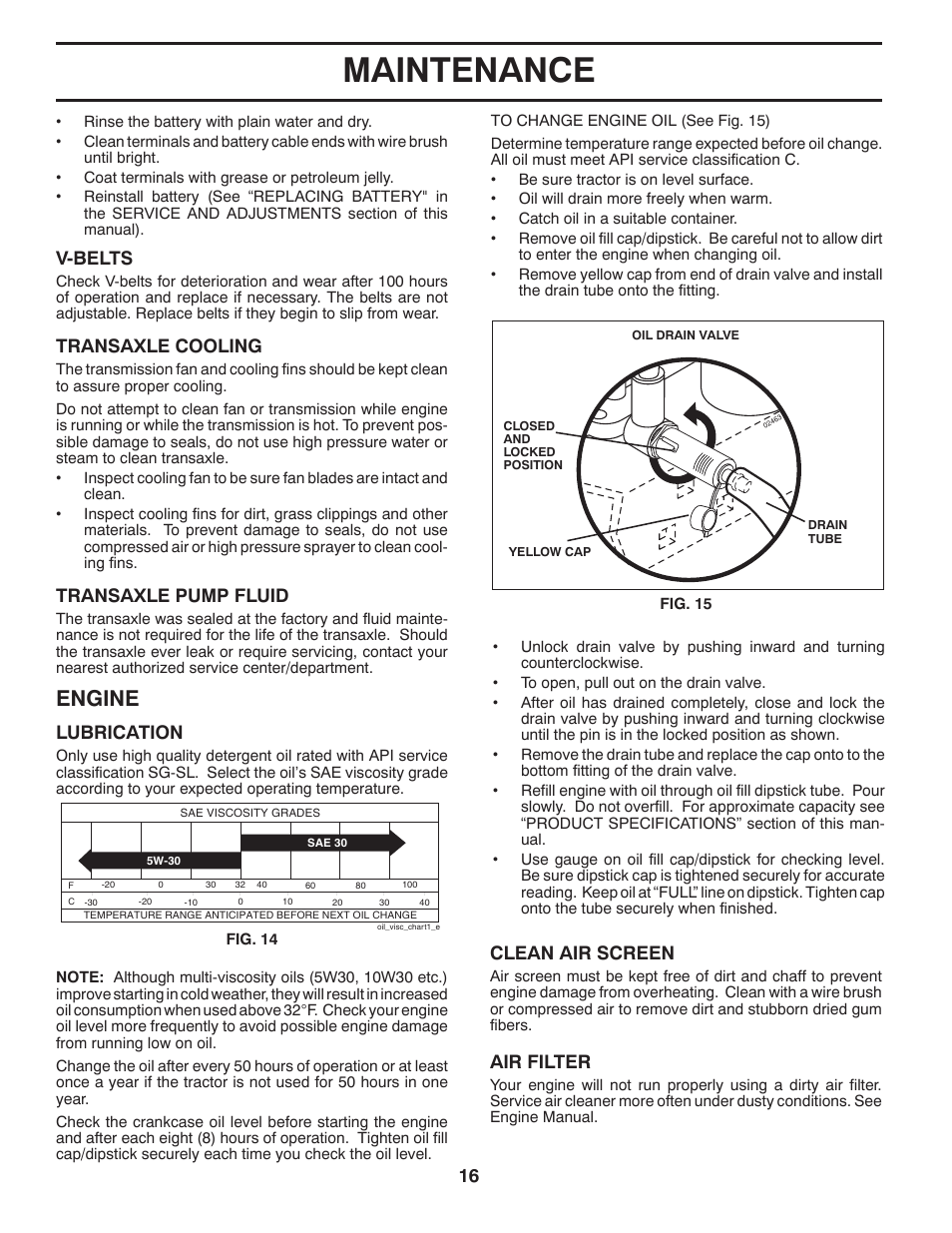 Maintenance, Engine, V-belts | Transaxle cooling, Transaxle pump fluid, Clean air screen, Air filter, Lubrication | Poulan 403320 User Manual | Page 16 / 32