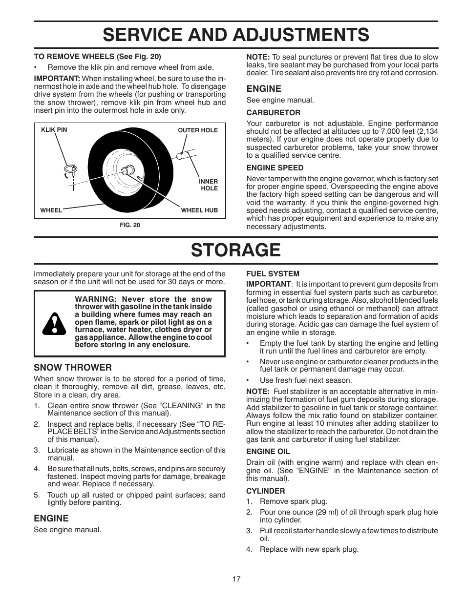 Service and adjustments storage | Poulan 96194000505 User Manual | Page 17 / 56
