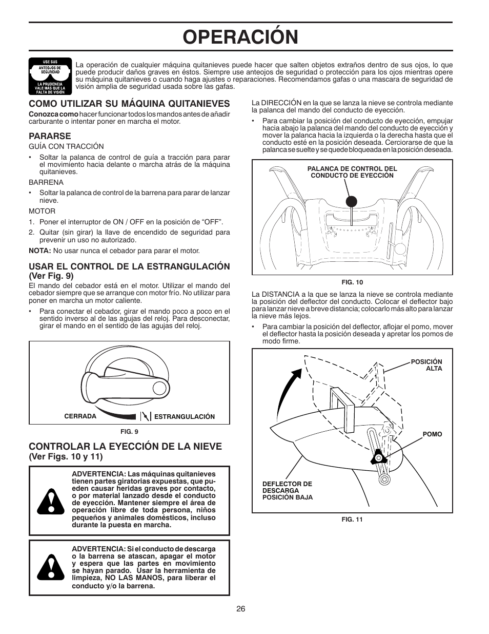 Operación, Controlar la eyección de la nieve | Poulan 96194000505 User Manual | Page 26 / 56