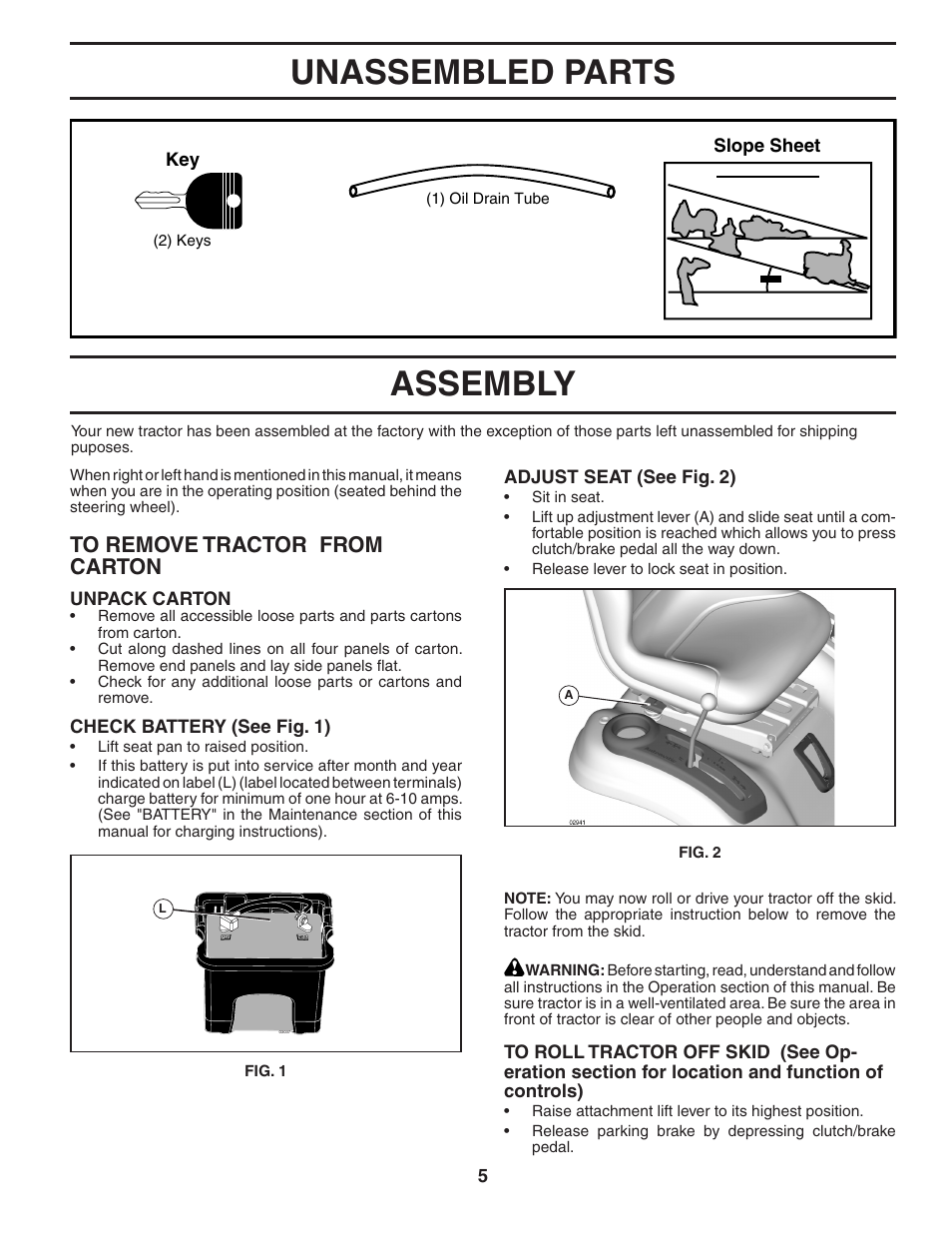 Unassembled parts, Assembly | Poulan 402993 User Manual | Page 5 / 30