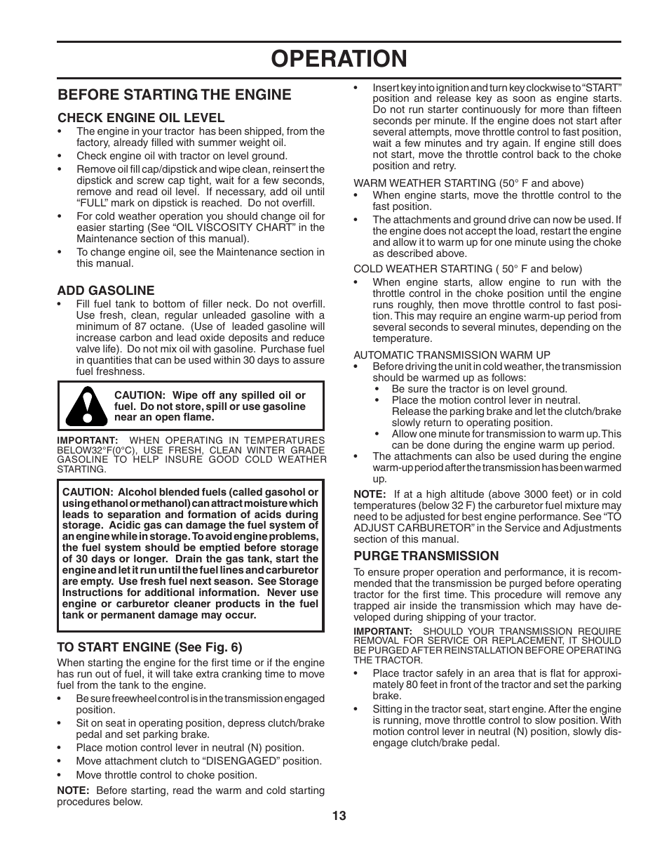 Operation, Before starting the engine | Poulan 191794 User Manual | Page 13 / 30