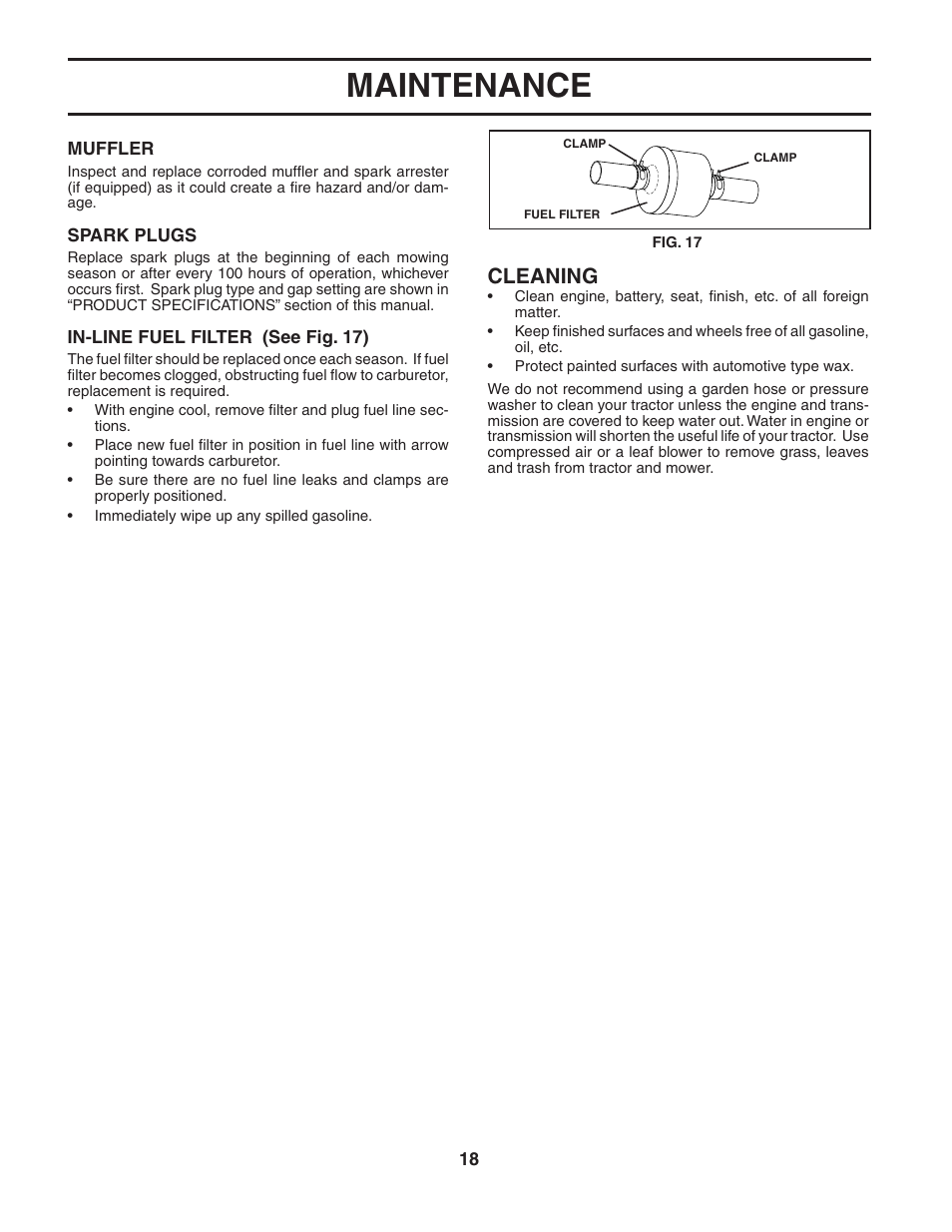 Maintenance, Cleaning | Poulan 191794 User Manual | Page 18 / 30