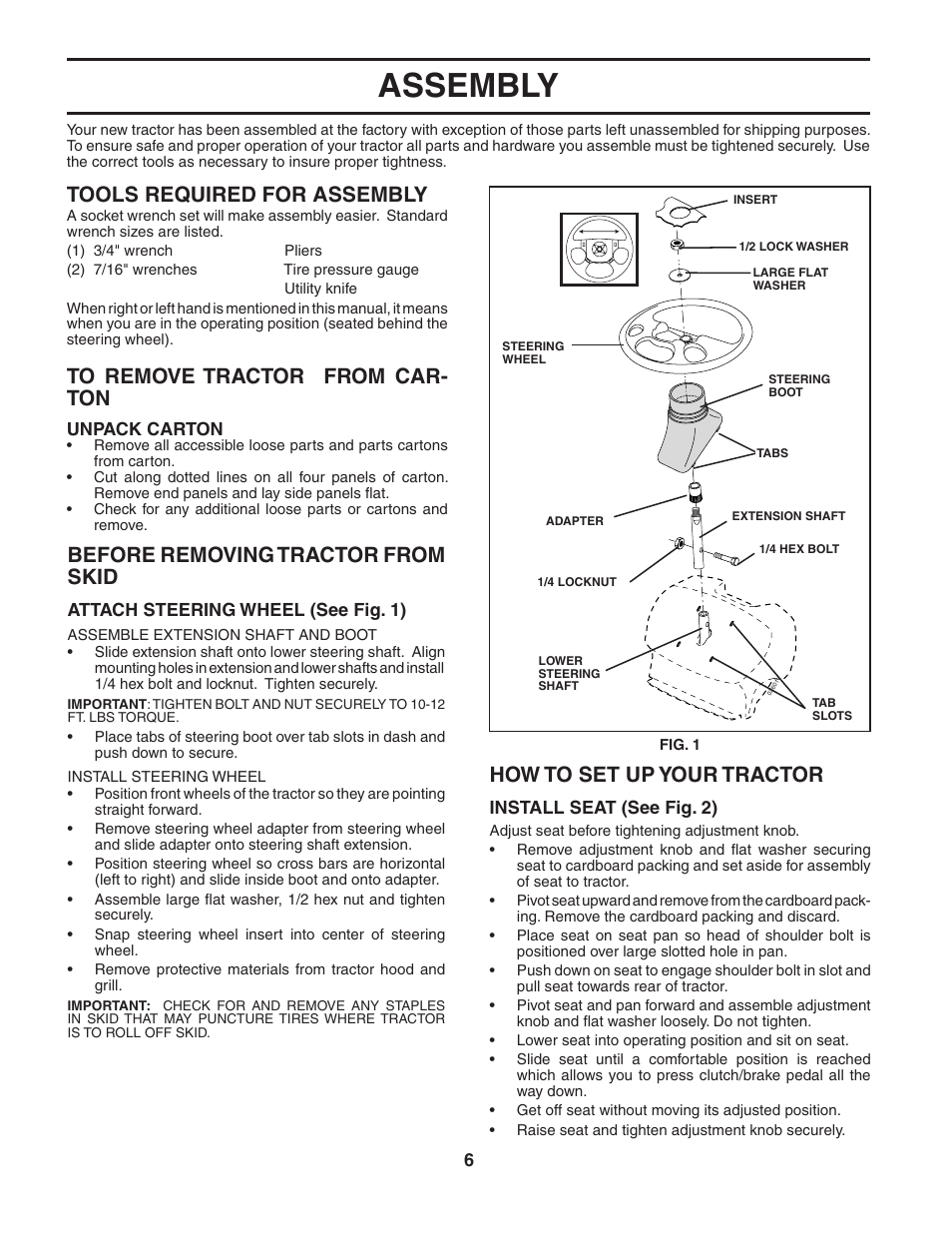 Assembly, Tools required for assembly, Before removing tractor from skid | How to set up your tractor | Poulan 191794 User Manual | Page 6 / 30