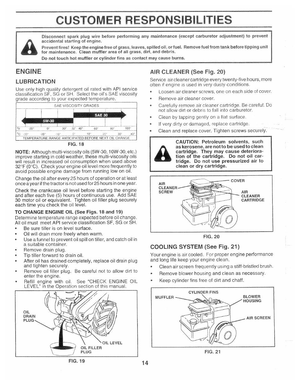 Engine, Lubrication, Air cleaner (see fig. 20) | Cooling system (see fig. 21), Customer responsibilities | Poulan CHDR500B User Manual | Page 14 / 28