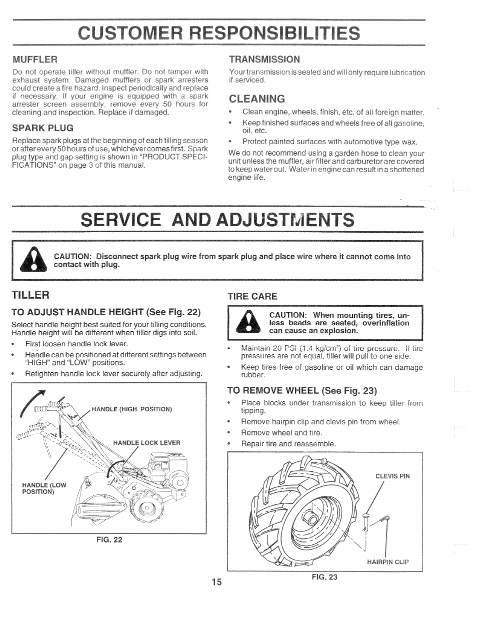 Muffler, Spark plug, Transmission | Cleaning, Service and adjustments, Tiller, To adjust handle height (see fig. 22), Tire care, To remove wheel (see fig. 23), I ransmission | Poulan CHDR500B User Manual | Page 15 / 28