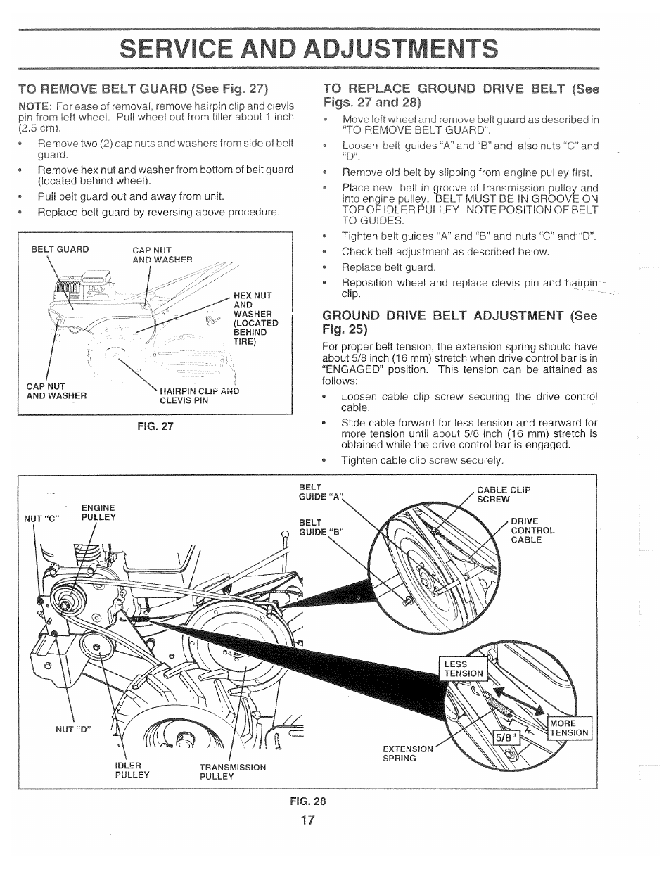 Tfi mmnm bf;lt guard (see fig. 27), To replace ground drive belt (see figs. 27 and 28), Service and adjustments | Mmnm, Ground drive belt adjustment (see fig. 25) | Poulan CHDR500B User Manual | Page 17 / 28
