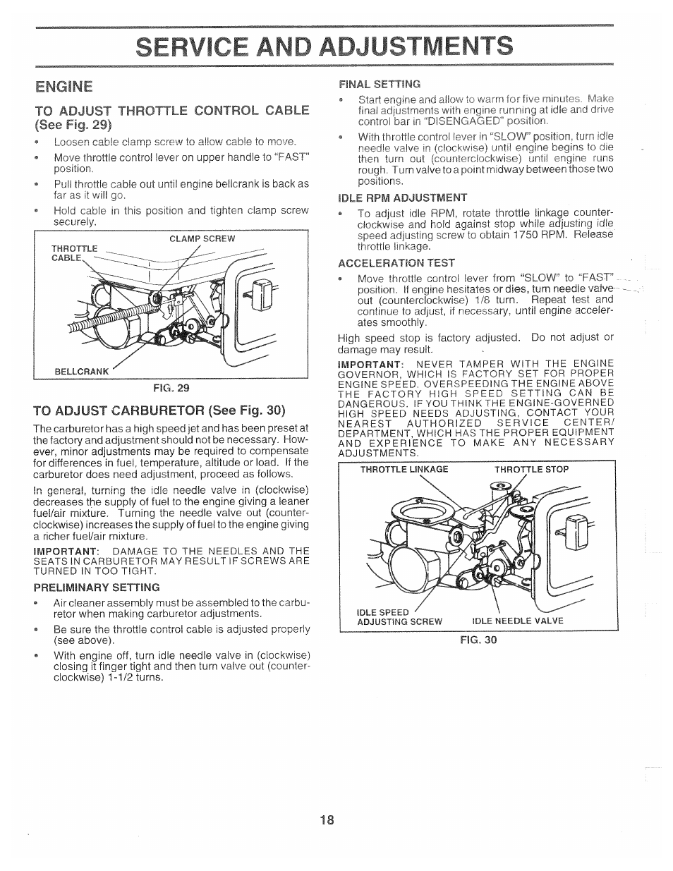 Engine, To adjust throttle control cable (ses- lig. 29, To adjust carburetor (see fig. 30) | Service and adjustments | Poulan CHDR500B User Manual | Page 18 / 28