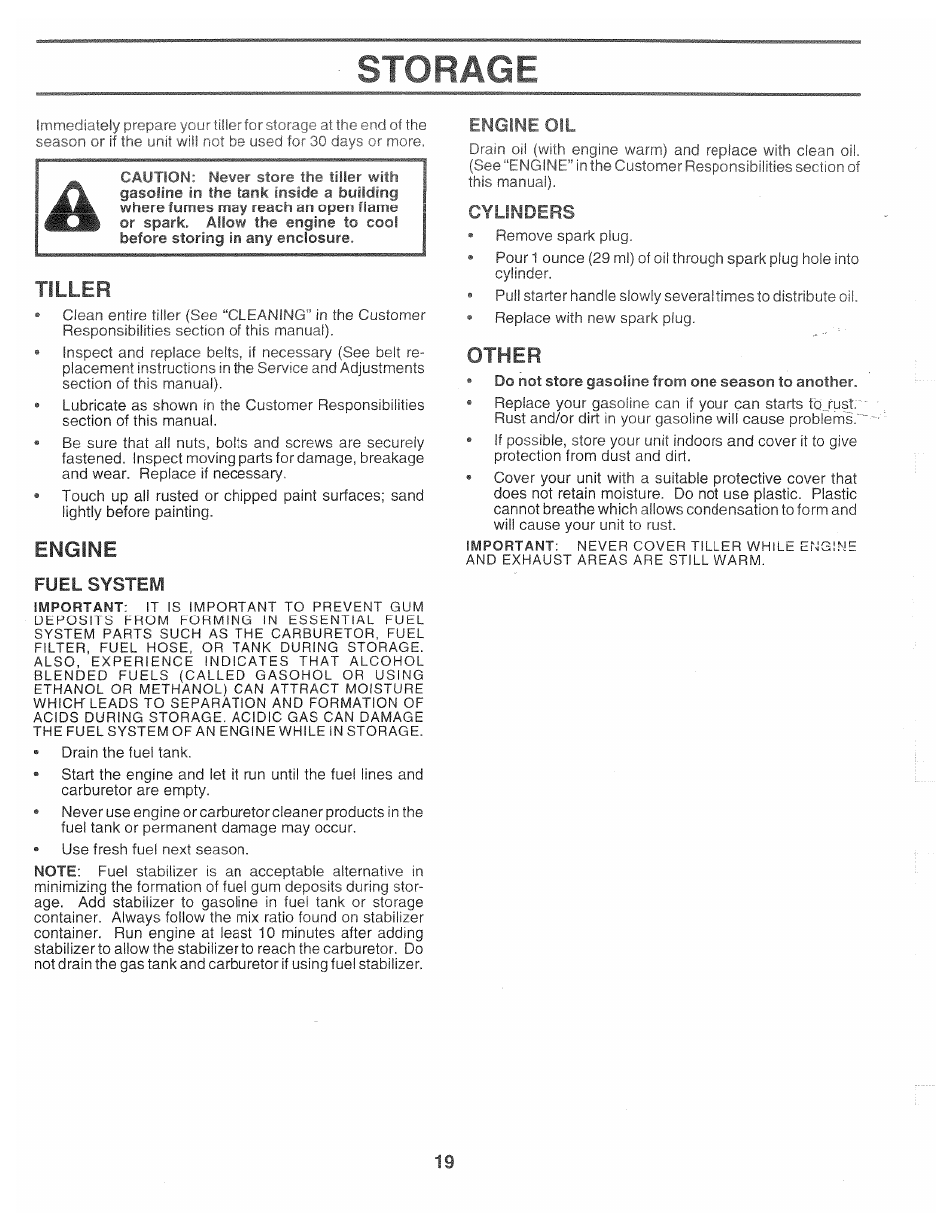 Storage, Tiller, Engine | Fuel system, Engine oil, Cylinders, Other | Poulan CHDR500B User Manual | Page 19 / 28