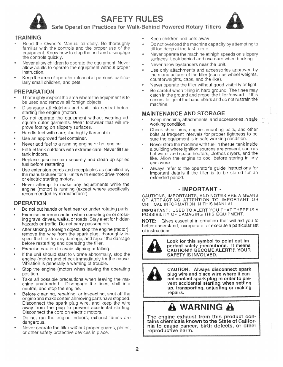 Safety rules, Training, Preparation | Operation, Maintenance and storage, Important, Warning | Poulan CHDR500B User Manual | Page 2 / 28