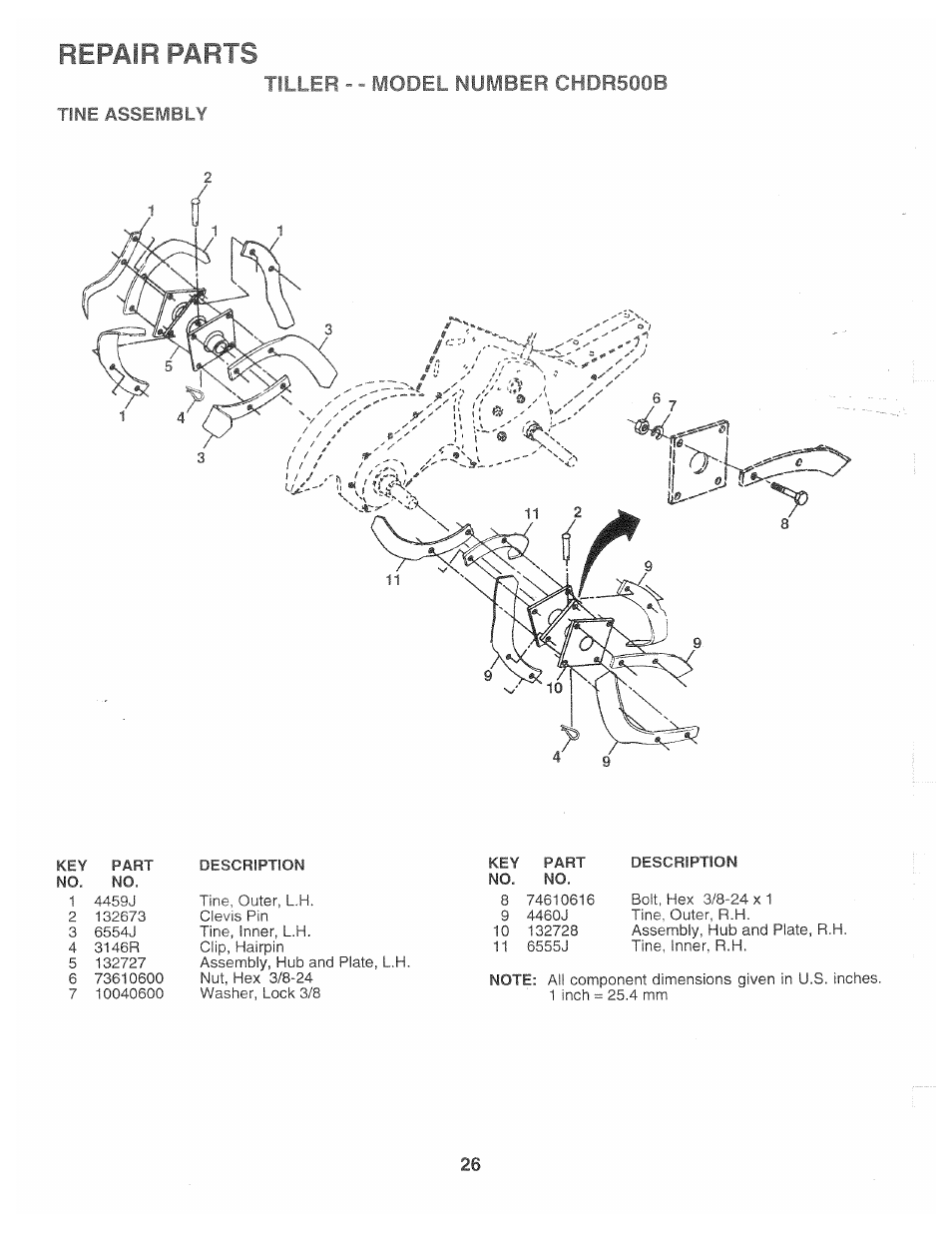 Tine assembly, Repair parts | Poulan CHDR500B User Manual | Page 26 / 28