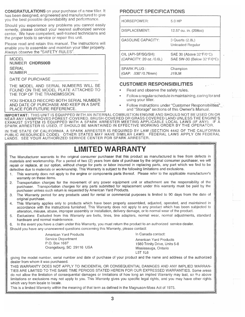Prodl ^ecifications, Customer responsibilities, Limited warranty | Poulan CHDR500B User Manual | Page 3 / 28