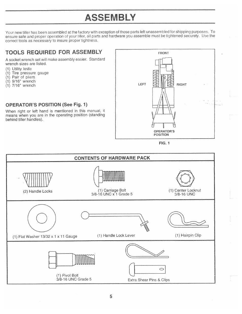 Tools required for assembly, Operator’s position (see fig. 1), Assembly | Poulan CHDR500B User Manual | Page 5 / 28