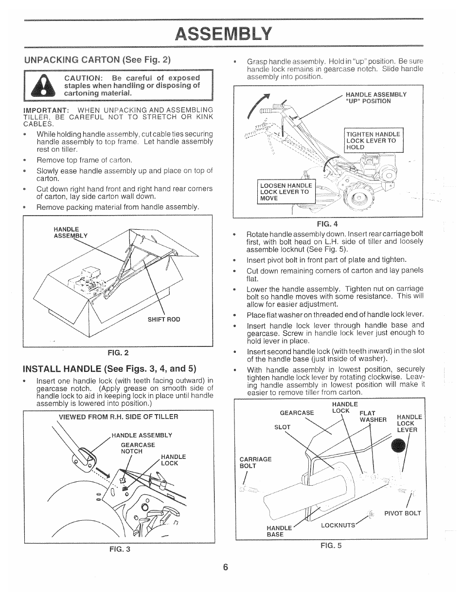 Unpackiflc^ cmmu fsee fig. 2, Assembly, Install handle (see figs. 3 | And 5) | Poulan CHDR500B User Manual | Page 6 / 28