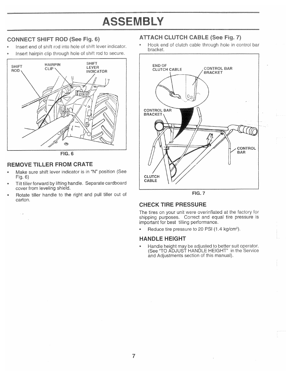 Remove tiller from crate, Attach clutch cable (see fig. 7), Check tire pressure | Assembly | Poulan CHDR500B User Manual | Page 7 / 28