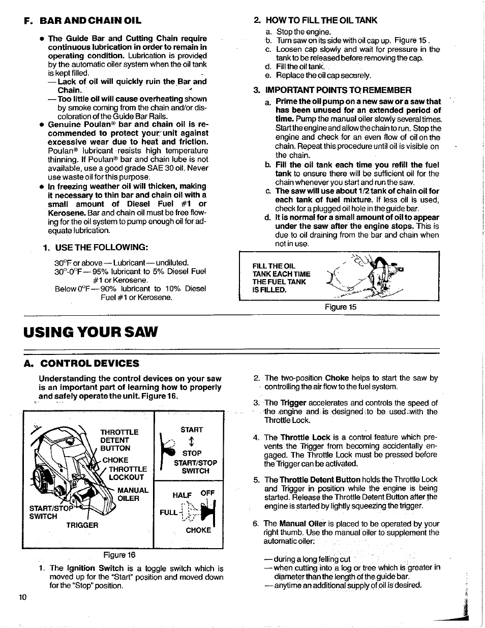 F. bar and chain oil, Use the following, Howto fill the oil tank | Important points to remember, Using your saw, A. control devices, Full-i i | Poulan 3400 User Manual | Page 10 / 28