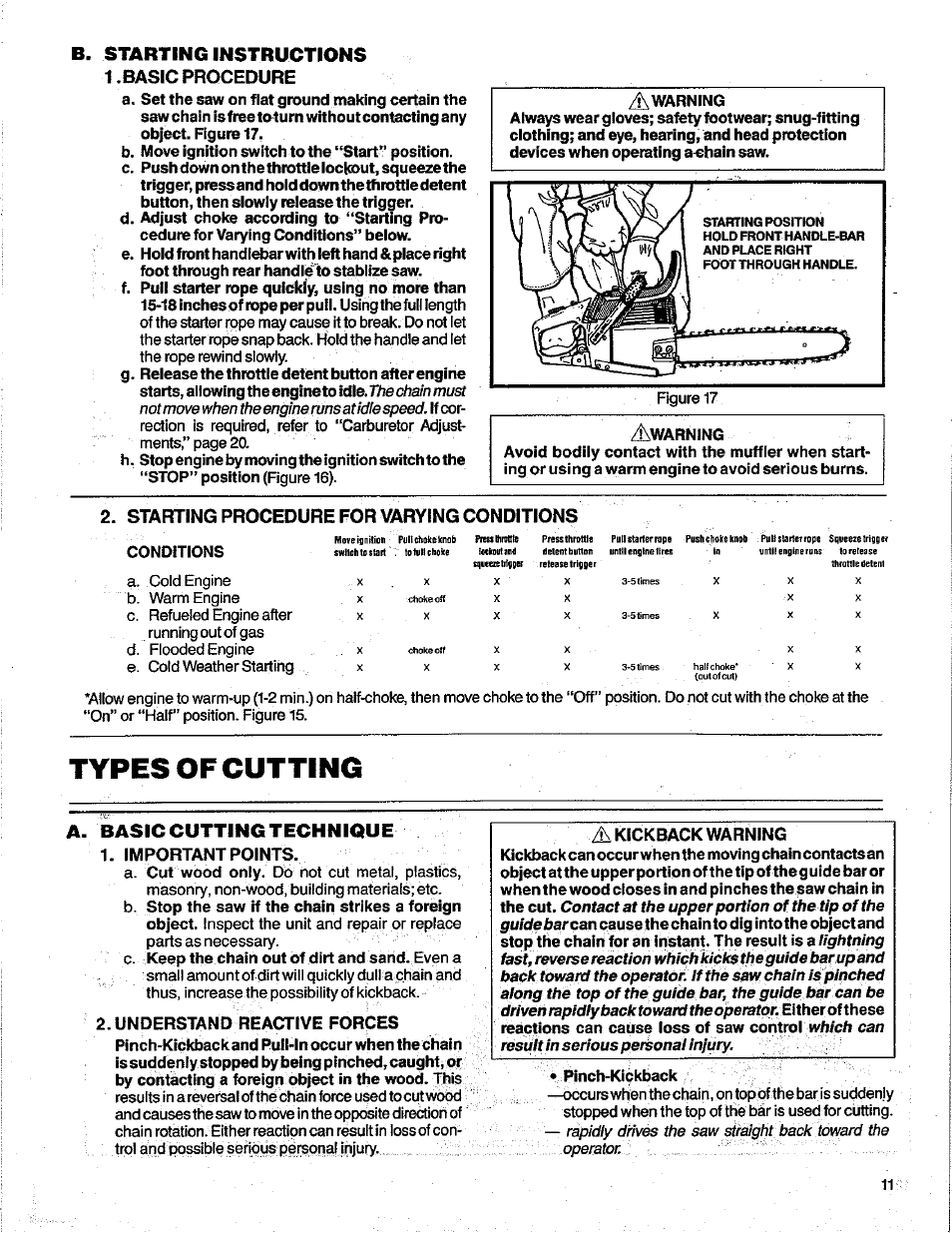 Starting instructions, Basic procedure, Starting procedure for varying conditions | Types of cutting, Basic cutting technique, A. basic cutting technique | Poulan 3400 User Manual | Page 11 / 28