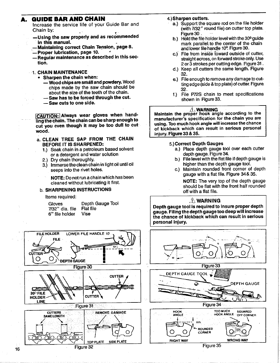 Chain maintenance • sharpen the chain when, B. sharpening instructions, ) sharpen cutters | Zl warning, ) correct depth gauges, B. starting instructions, A. guide bar and chain | Poulan 3400 User Manual | Page 16 / 28